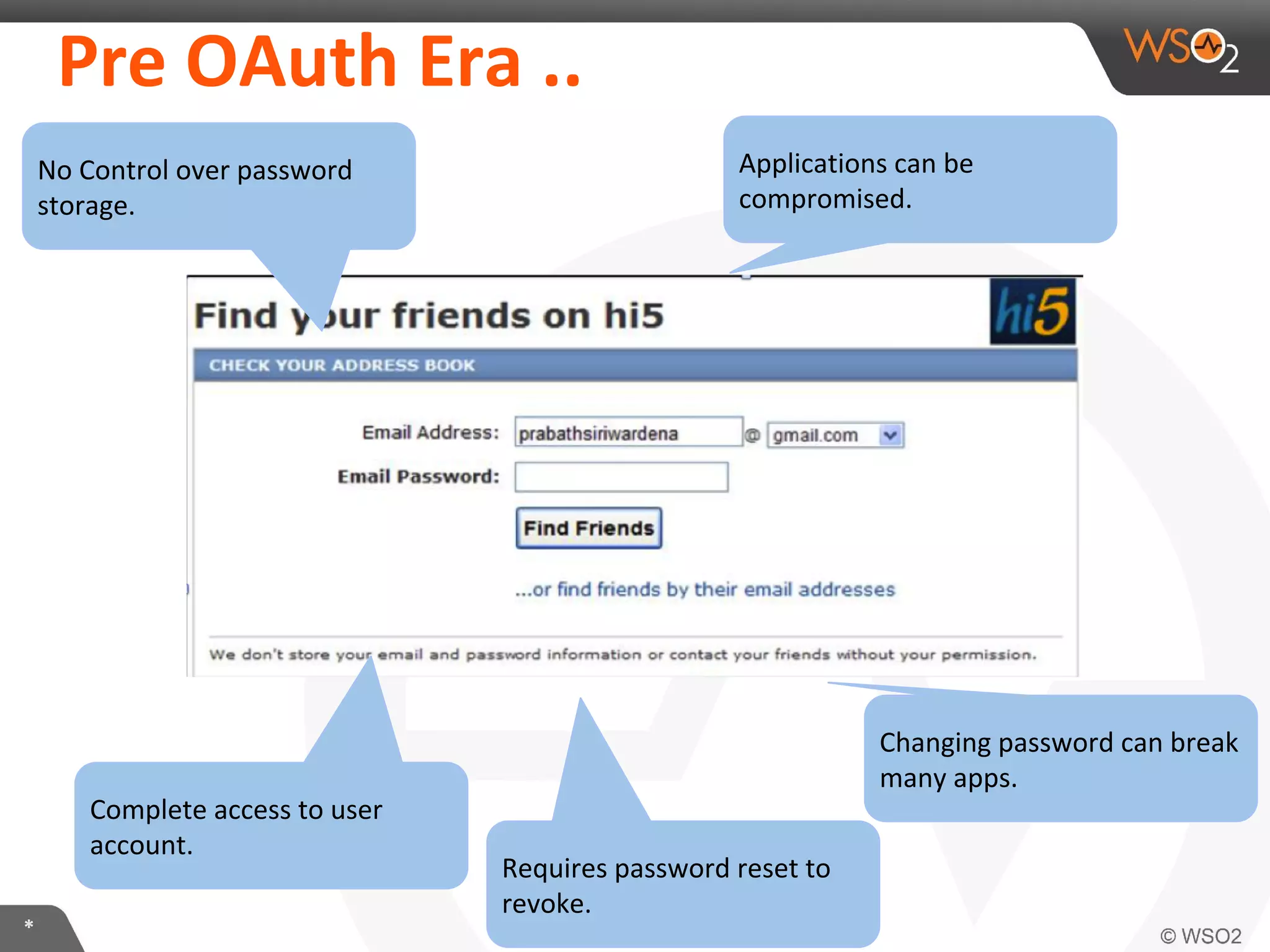 Pre	
  OAuth	
  Era	
  ..	
  
No	
  Control	
  over	
  password	
  
storage.	
  

Complete	
  access	
  to	
  user	
  
account.	
  
*	
  

ApplicaIons	
  can	
  be	
  
compromised.	
  

Changing	
  password	
  can	
  break	
  
many	
  apps.	
  
Requires	
  password	
  reset	
  to	
  
revoke.	
  

 