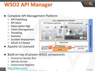WSO2	
  API	
  Manager	
  
●  Complete	
  API	
  Management	
  Pla:orm	
  
○ 
○ 
○ 
○ 
○ 
○ 
○ 
○ 

API	
  Publishing	
  
API	
  Store	
  
SubscripIon	
  Mgt	
  
Token	
  Management	
  
ThroXling	
  
StaIsIcs	
  
Scalable	
  Deployment	
  
OAuth	
  2.0	
  based	
  

●  Apache	
  v2	
  Licensed	
  
	
  
●  Build	
  on	
  top	
  of	
  proven	
  WSO2	
  components	
  

*	
  

○  Enterprise	
  Service	
  Bus	
  
○  IdenIty	
  Server	
  
○  Governance	
  Registry	
  
●  hXp://docs.wso2.org/display/AM160/WSO2+API+Manager

 