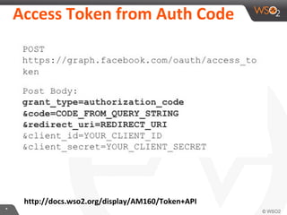 Access	
  Token	
  from	
  Auth	
  Code	
  

hLp://docs.wso2.org/display/AM160/Token+API	
  
*	
  

 