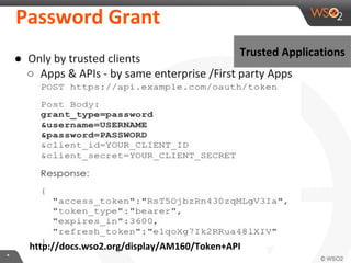 Password	
  Grant	
  
Trusted	
  ApplicaKons	
  

●  Only	
  by	
  trusted	
  clients	
  
○  Apps	
  &	
  APIs	
  -­‐	
  by	
  same	
  enterprise	
  /First	
  party	
  Apps	
  

hLp://docs.wso2.org/display/AM160/Token+API	
  
*	
  

 