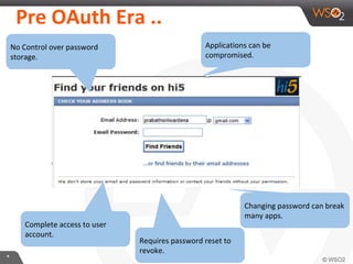 Pre	
  OAuth	
  Era	
  ..	
  
No	
  Control	
  over	
  password	
  
storage.	
  

Complete	
  access	
  to	
  user	
  
account.	
  
*	
  

ApplicaIons	
  can	
  be	
  
compromised.	
  

Changing	
  password	
  can	
  break	
  
many	
  apps.	
  
Requires	
  password	
  reset	
  to	
  
revoke.	
  

 