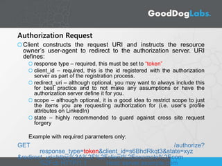 Authorization Request
Client constructs the request URI and instructs the resource
owner’s user-agent to redirect to the authorization server. URI
defines:
response type – required, this must be set to “token”
client_id – required, this is the id registered with the authorization
server as part of the registration process.
redirect_uri – although optional, you may want to always include this
for best practice and to not make any assumptions or have the
authorization server define it for you.
scope – although optional, it is a good idea to restrict scope to just
the items you are requesting authorization for (i.e. user’s profile
attributes on LinkedIn)
state – highly recommended to guard against cross site request
forgery
Example with required parameters only:
GET /authorize?
response_type=token&client_id=s6BhdRkqt3&state=xyz
&redirect_uri=https%3A%2F%2Fclient%2Eexample%2Ecom
%2Fcb HTTP/1.1 Host: server.example.com
 