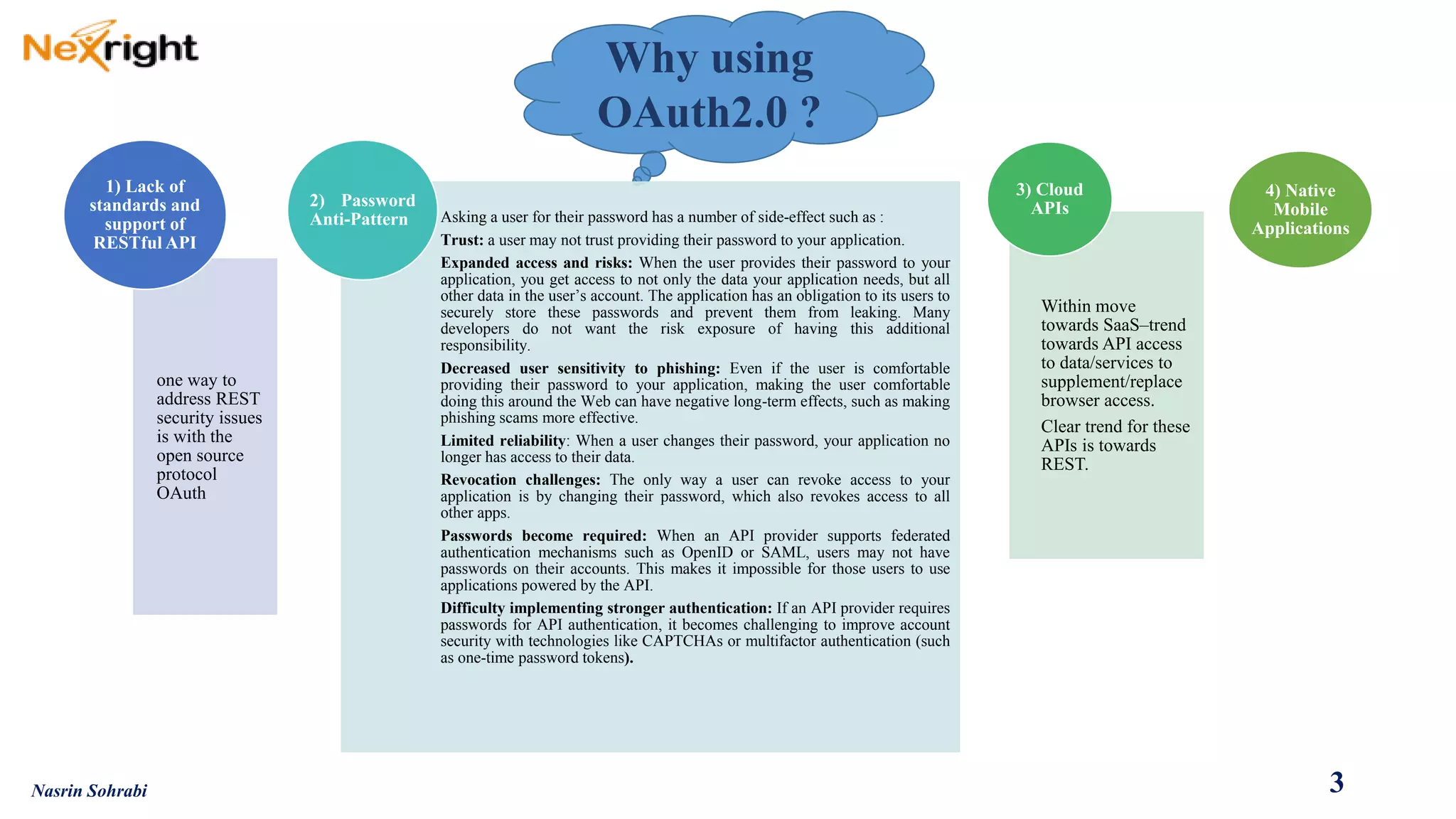 Why using OAuth2.0 ? 
one way to address REST security issues is with the open source protocol OAuth 
1) Lack of standards and support of RESTfulAPI 
Askingauserfortheirpasswordhasanumberofside-effectsuchas: 
Trust:ausermaynottrustprovidingtheirpasswordtoyourapplication. 
Expandedaccessandrisks:Whentheuserprovidestheirpasswordtoyourapplication,yougetaccesstonotonlythedatayourapplicationneeds,butallotherdataintheuser’saccount.Theapplicationhasanobligationtoitsuserstosecurelystorethesepasswordsandpreventthemfromleaking.Manydevelopersdonotwanttheriskexposureofhavingthisadditionalresponsibility. 
Decreasedusersensitivitytophishing:Eveniftheuseriscomfortableprovidingtheirpasswordtoyourapplication,makingtheusercomfortabledoingthisaroundtheWebcanhavenegativelong-termeffects,suchasmakingphishingscamsmoreeffective. 
Limitedreliability:Whenauserchangestheirpassword,yourapplicationnolongerhasaccesstotheirdata. 
Revocationchallenges:Theonlywayausercanrevokeaccesstoyourapplicationisbychangingtheirpassword,whichalsorevokesaccesstoallotherapps. 
Passwordsbecomerequired:WhenanAPIprovidersupportsfederatedauthenticationmechanismssuchasOpenIDorSAML,usersmaynothavepasswordsontheiraccounts.ThismakesitimpossibleforthoseuserstouseapplicationspoweredbytheAPI. 
Difficultyimplementingstrongerauthentication:IfanAPIproviderrequirespasswordsforAPIauthentication,itbecomeschallengingtoimproveaccountsecuritywithtechnologieslikeCAPTCHAsormultifactorauthentication(suchasone-timepasswordtokens). 
2)PasswordAnti-Pattern 
Within move towards SaaS–trend towards API access to data/services to supplement/replace browser access. 
Clear trend for these APIs is towards REST. 
3) Cloud APIs 
4) Native Mobile Applications 
3 
Nasrin Sohrabi  