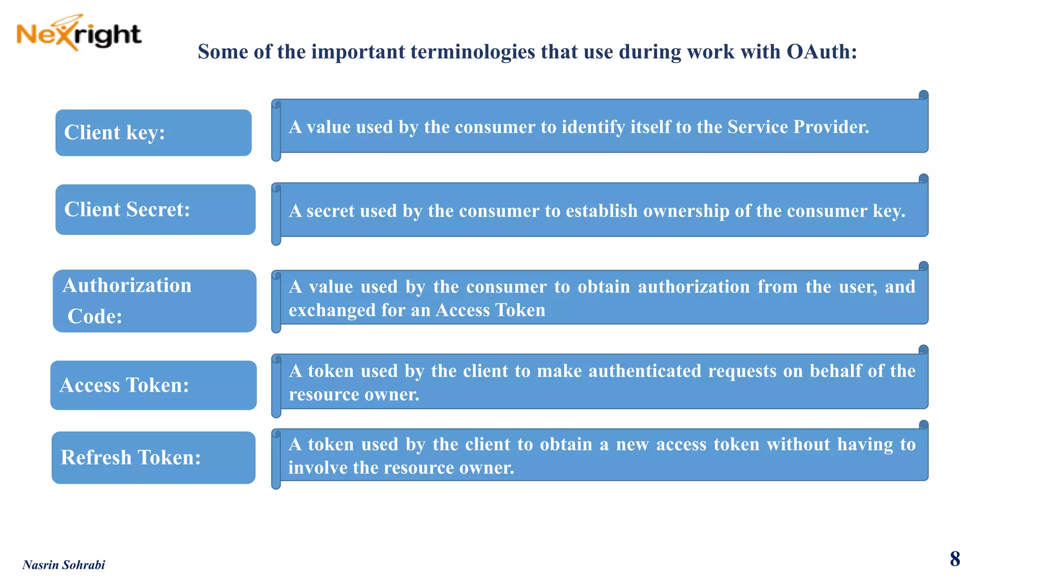 Some of the important terminologies that use during work with OAuth: 
Client key: 
Client Secret: 
Authorization 
Code: 
Access Token: 
Refresh Token: 
AvalueusedbytheconsumertoidentifyitselftotheServiceProvider. 
A secret used by the consumer to establish ownership of the consumer key. 
Avalueusedbytheconsumertoobtainauthorizationfromtheuser,andexchangedforanAccessToken 
Atokenusedbytheclienttomakeauthenticatedrequestsonbehalfoftheresourceowner. 
Atokenusedbytheclienttoobtainanewaccesstokenwithouthavingtoinvolvetheresourceowner. 
8 
Nasrin Sohrabi  