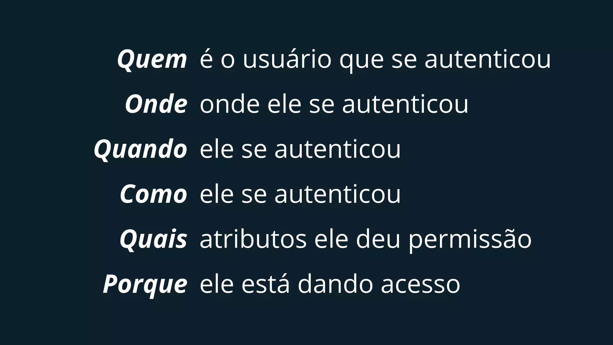 Quem é o usuário que se autenticou
Onde
Quando
Como
Quais
Porque
onde ele se autenticou
ele se autenticou
ele se autenticou
atributos ele deu permissão
ele está dando acesso
 