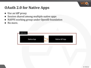 ● Use an IdP proxy
● Session shared among multiple native apps
● NAPPS working group under OpenID foundation
● No more.
OAuth 2.0 for Native Apps
 