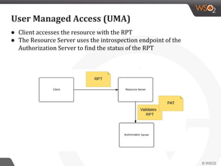 ● Client accesses the resource with the RPT
● The Resource Server uses the introspection endpoint of the
Authorization Server to find the status of the RPT
User Managed Access (UMA)
 