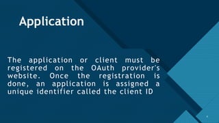 Click to edit Master title style
8
Application
The application or client must be
registered on the OAuth provider's
website. Once the registration is
done, an application is assigned a
unique identifier called the client ID
8
 