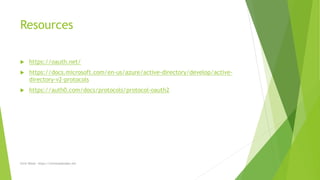 Resources
 https://oauth.net/
 https://docs.microsoft.com/en-us/azure/active-directory/develop/active-
directory-v2-protocols
 https://auth0.com/docs/protocols/protocol-oauth2
Chris Wood - https://chriswoodcodes.net
 