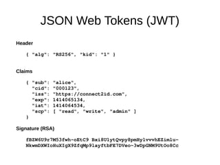 JSON Web Tokens (JWT) 
Header 
{ "alg": "RS256", "kid": "1" } 
Claims 
{ "sub": "alice", 
"cid": "000123", 
"iss": "https://connect2id.com", 
"exp": 1414065134, 
"iat": 1414064534, 
"scp": [ "read", "write", "admin" ] 
} 
Signature (RSA) 
fBZW6U9r7M53fwh­oEtC9 
Bxi8U1ytQvpy8pmHylvvvhEZimlu­NkwmDXWIoHuXIgX9ZfqMp9layftbFE7DVeo­3wDpGNM9UtOo8Cc 
 