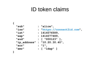 ID token claims 
{ 
"sub" : "alice", 
"iss" : "https://connect2id.com", 
"iat" : 1414076589, 
"exp" : 1414077489, 
"aud" : [ "000123" ], 
"ip_address" : "10.20.30.40", 
"acr" : "1", 
"amr" : [ "ldap" ] 
} 
 