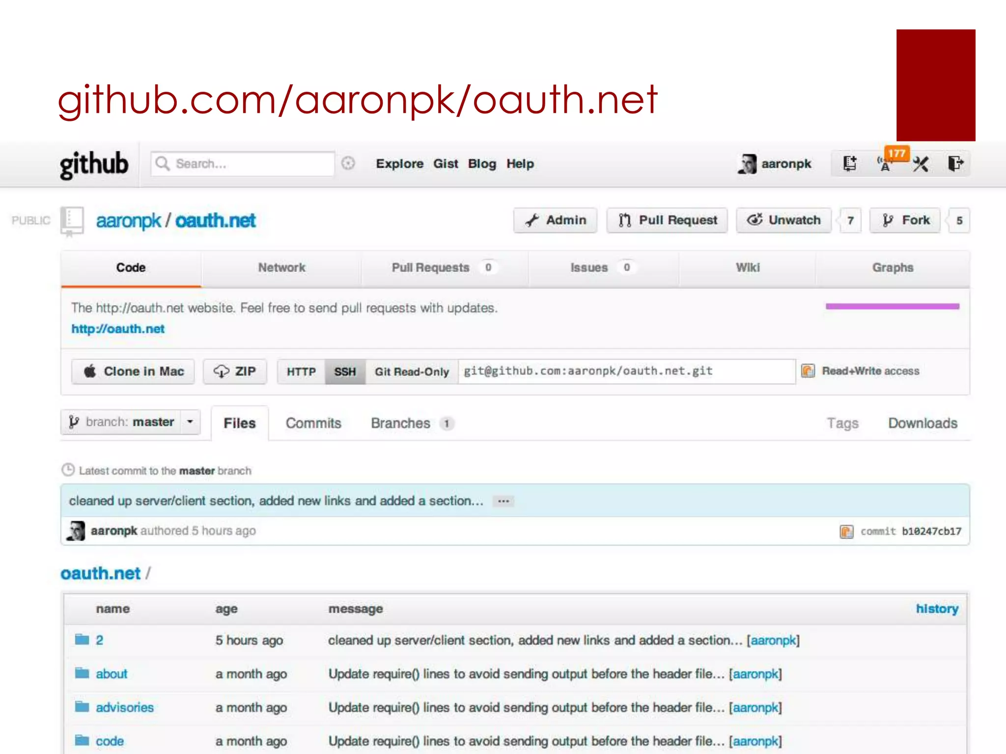 github.com/aaronpk/oauth.net




aaron.pk/oauth2                   @aaronpk
 