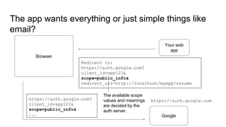 The app wants everything or just simple things like
email?
Your web
app
Browser
Google
Redirect to:
https://auth.google.com?
client_id=app123&
scope=public_info&
redirect_url=http://localhost/myapp/resume
https://auth.google.comhttps://auth.google.com?
client_id=app123&
scope=public_info&
...
The available scope
values and meanings
are decided by the
auth server.
 