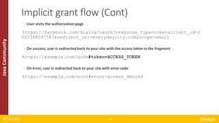 JavaCommunity
◦ User visits the authorization page
https://facebook.com/dialog/oauth?response_type=token&client_id=2
865368247587&redirect_uri=everydaycity.com&scope=email
◦ On success, user is redirected back to your site with the access token in the fragment
https://example.com/auth#token=ACCESS_TOKEN
◦ On error, user is redirected back to your site with error code
https://example.com/auth#error=access_denied
8/14/2015 @halyph18
Implicit grant flow (Cont)
 