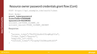JavaCommunity
POST https://api.example.com/oauth/token
Post Body:
grant_type=password
&username=USERNAME
&password=PASSWORD
&client_id=YOUR_CLIENT_ID
&client_secret=YOUR_CLIENT_SECRET
Response:
{
"access_token":"RsT5OjbzRn430zqMLgV3Ia",
"token_type":"bearer",
"expires_in":3600,
"refresh_token":"e1qoXg7Ik2RRua48lXIV"
}
8/14/2015 @halyph21
Resource owner password credentials grant flow (Cont)
 