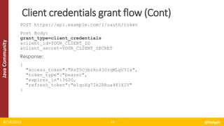 JavaCommunity
POST https://api.example.com/1/oauth/token
Post Body:
grant_type=client_credentials
&client_id=YOUR_CLIENT_ID
&client_secret=YOUR_CLIENT_SECRET
Response:
{
"access_token":"RsT5OjbzRn430zqMLgV3Ia",
"token_type":"bearer",
"expires_in":3600,
"refresh_token":"e1qoXg7Ik2RRua48lXIV"
}
8/14/2015 @halyph24
Client credentials grant flow (Cont)
 
