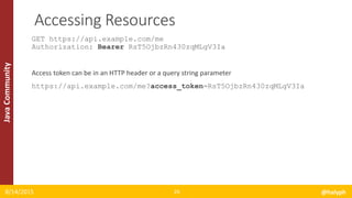 JavaCommunity
GET https://api.example.com/me
Authorization: Bearer RsT5OjbzRn430zqMLgV3Ia
Access token can be in an HTTP header or a query string parameter
https://api.example.com/me?access_token=RsT5OjbzRn430zqMLgV3Ia
8/14/2015 @halyph26
Accessing Resources
 