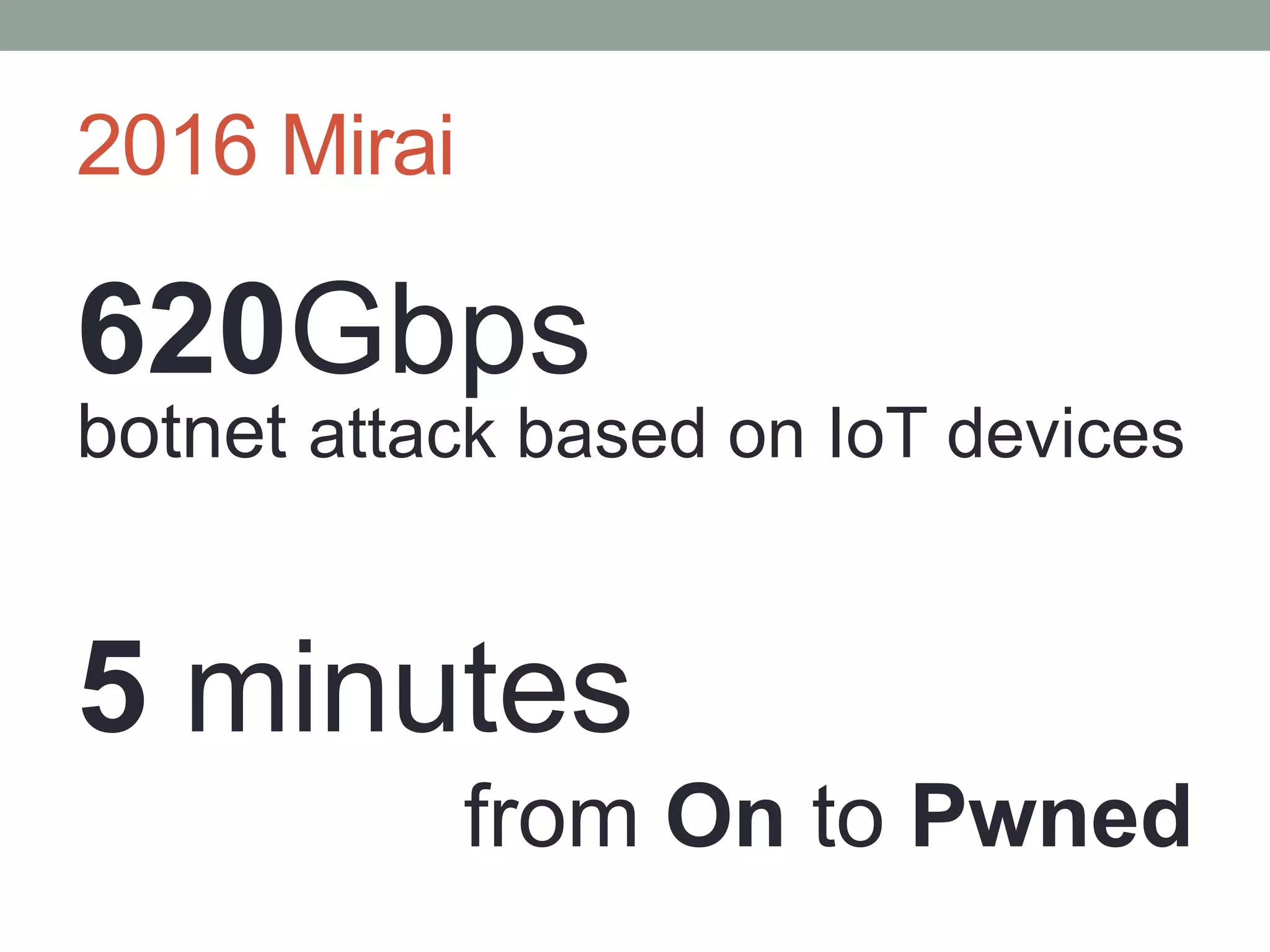 2016 Mirai
620Gbps
botnet attack based on IoT devices
5 minutes
from On to Pwned
 