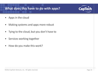 ©2012 CapTech Ventures, Inc. All rights reserved.
What does this have to do with apps?
• Apps in the cloud
• Making systems and apps more robust
• Tying to the cloud, but you don’t have to
• Services working together
• How do you make this work?
Page 14
 