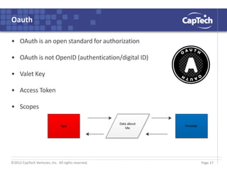 ©2012 CapTech Ventures, Inc. All rights reserved.
Oauth
• OAuth is an open standard for authorization
• OAuth is not OpenID (authentication/digital ID)
• Valet Key
• Access Token
• Scopes
Page 17
 