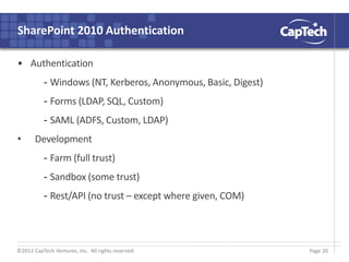 ©2012 CapTech Ventures, Inc. All rights reserved.
SharePoint 2010 Authentication
• Authentication
- Windows (NT, Kerberos, Anonymous, Basic, Digest)
- Forms (LDAP, SQL, Custom)
- SAML (ADFS, Custom, LDAP)
• Development
- Farm (full trust)
- Sandbox (some trust)
- Rest/API (no trust – except where given, COM)
Page 20
 