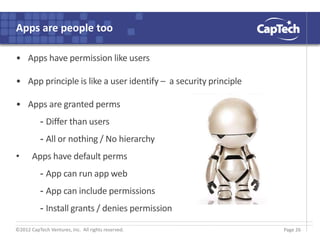 ©2012 CapTech Ventures, Inc. All rights reserved.
Apps are people too
• Apps have permission like users
• App principle is like a user identify – a security principle
• Apps are granted perms
- Differ than users
- All or nothing / No hierarchy
• Apps have default perms
- App can run app web
- App can include permissions
- Install grants / denies permission
Page 26
 