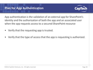 ©2012 CapTech Ventures, Inc. All rights reserved.
Plan for App Authentication
App authentication is the validation of an external app for SharePoint's
identity and the authorization of both the app and an associated user
when the app requests access to a secured SharePoint resource
• Verify that the requesting app is trusted.
• Verify that the type of access that the app is requesting is authorized.
Page 30
 
