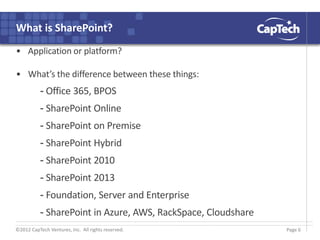 ©2012 CapTech Ventures, Inc. All rights reserved.
What is SharePoint?
• Application or platform?
• What’s the difference between these things:
- Office 365, BPOS
- SharePoint Online
- SharePoint on Premise
- SharePoint Hybrid
- SharePoint 2010
- SharePoint 2013
- Foundation, Server and Enterprise
- SharePoint in Azure, AWS, RackSpace, Cloudshare
Page 6
 