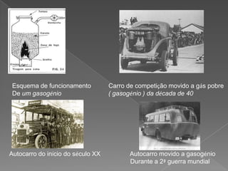 Esquema de funcionamento	   Carro de competição movido a gás pobre   De um gasogénio 	      ( gasogénio ) da década de 40Autocarro do início do século XX	        Autocarro movido a gasogénio					        Durante a 2ª guerra mundial