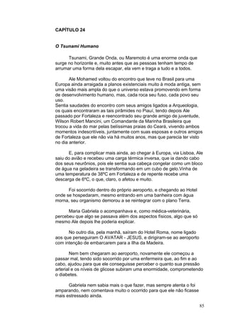 85
CAPÍTULO 24
O Tsunami Humano
Tsunami, Grande Onda, ou Maremoto é uma enorme onda que
surge no horizonte e, muito antes que as pessoas tenham tempo de
arrumar uma forma dela escapar, ela vem e traga a tudo e a todos.
Ale Mohamed voltou do encontro que teve no Brasil para uma
Europa ainda arraigada a planos existenciais muito à moda antiga, sem
uma visão mais ampla do que o universo estava promovendo em forma
de desenvolvimento humano, mas, cada roca seu fuso, cada povo seu
uso.
Sentia saudades do encontro com seus amigos ligados a Arqueologia,
os quais encontraram as tais pirâmides no Piauí, tendo depois Ale
passado por Fortaleza e reencontrado seu grande amigo de juventude,
Wilson Robert Mancini, um Comandante da Marinha Brasileira que
trocou a vida do mar pelas belíssimas praias do Ceará, vivendo ambos
momentos indescritíveis, juntamente com suas esposas e outros amigos
de Fortaleza que ele não via há muitos anos, mas que parecia ter visto
no dia anterior.
E, para complicar mais ainda, ao chegar à Europa, via Lisboa, Ale
saiu do avião e recebeu uma carga térmica inversa, que ia dando cabo
dos seus neurônios, pois ele sentia sua cabeça congelar como um bloco
de água na geladeira se transformando em um cubo de gelo.Vinha de
uma temperatura de 38ºC em Fortaleza e de repente recebe uma
descarga de 6ºC, o que, claro, o afetou e muito.
Foi socorrido dentro do próprio aeroporto, e chegando ao Hotel
onde se hospedaram, mesmo entrando em uma banheira com água
morna, seu organismo demorou a se reintegrar com o plano Terra.
Maria Gabriela o acompanhava e, como médica-veterinária,
percebeu que algo se passava além dos aspectos físicos, algo que só
mesmo Ale depois lhe poderia explicar.
No outro dia, pela manhã, saíram do Hotel Roma, nome ligado
aos que perseguiram O AVATAR - JESUS, e dirigiram-se ao aeroporto
com intenção de embarcarem para a Ilha da Madeira.
Nem bem chegaram ao aeroporto, novamente ele começou a
passar mal, tendo sido socorrido por uma enfermeira que, ao fim e ao
cabo, ajudou para que ele conseguisse perceber o quanto sua pressão
arterial e os níveis de glicose subiram uma enormidade, comprometendo
o diabetes.
Gabriela nem sabia mais o que fazer, mas sempre atenta o foi
amparando, nem comentava muito o ocorrido para que ele não ficasse
mais estressado ainda.
 