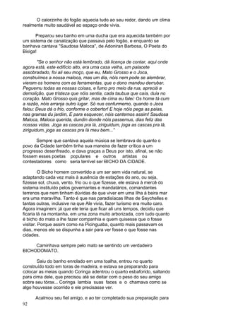 92
O calorzinho do fogão aquecia tudo ao seu redor, dando um clima
realmente muito saudável ao espaço onde vivia.
Preparou seu banho em uma ducha que era aquecida também por
um sistema de canalização que passava pelo fogão, e enquanto se
banhava cantava "Saudosa Maloca", de Adoniran Barbosa, O Poeta do
Bixiga!
"Se o senhor não está lembrado, dá licença de contar, aqui onde
agora está, este edifício alto, era uma casa velha, um palacete
assobradado, foi ali seu moço, que eu, Mato Grosso e o Joca,
construímos a nossa maloca, mas um dia, nóis nem pode se alembrar,
vieram os homens com as ferramentas, que o dono mandou derrubar.
Peguemu todas as nossas coisas, e fumo pro meio da rua, apreciá a
demolição, que tristeza que nóis sentia, cada taubua que caía, duia no
coração. Mato Grosso quis gritar, mas de cima eu falei: Os home tá cum
a razão, nóis arranja outro lugar. Só nus confurmemo, quando o Joca
falou: Deus dá o frio, conforme o cobertor! E hoje nóis pega as paias,
nas gramas du jardim, E para esquecer, nóis cantemos assim! Saudosa
Maloca, Maloca querida, dundin donde nóis passemus, dias feliz das
nossas vidas. Joga as cascas pra lá, ziriguidum, joga as cascas pra lá,
ziriguidum, joga as cascas pra lá meu bem...”
Sempre que cantava aquela música se lembrava do quanto o
povo da Cidade também tinha sua maneira de fazer crítica a um
progresso desenfreado, e dava graças a Deus por isto, afinal, se não
fossem esses poetas populares e outros artistas ou
contestadores como seria terrível ser BICHO DA CIDADE.
O Bicho homem convertido a um ser sem vida natural, se
adaptando cada vez mais à ausência de estações do ano, ou seja,
fizesse sol, chuva, vento, frio ou o que fizesse, ele estava à mercê do
sistema instituído pelos governantes e mandatários, comandantes
terrenos que nem tinham dúvidas de que viver em uma Ilha à beira mar
era uma maravilha. Tanto é que nas paradisíacas Ilhas de Seychelles e
tantas outras, inclusive na que Ale vivia, fazer turismo era muito caro.
Agora imaginem: já que ele teria que ficar ali uns tempos, decidiu que
ficaria lá na montanha, em uma zona muito arborizada, com tudo quanto
é bicho do mato a lhe fazer companhia e quem quisesse que o fosse
visitar. Porque assim como na Picinguaba, quanto mais passavam os
dias, menos ele se dispunha a sair para ver fosse o que fosse nas
cidades.
Caminhava sempre pelo mato se sentindo um verdadeiro
BICHODOMATO.
Saiu do banho enrolado em uma toalha, entrou no quarto
construído todo em toras de madeira, e estava se preparando para
colocar as meias quando Coringa adentrou o quarto esbaforido, saltando
para cima dele, que precisou até se deitar com o peso do seu amigo
sobre seu tórax... Coringa lambia suas faces e o chamava como se
algo houvesse ocorrido e ele precisasse ver.
Acalmou seu fiel amigo, e ao ter completado sua preparação para
 