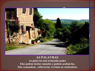 AS PALAVRAS As palavras tem tremendo poder Elas podem incitar emoções e podem acalmá-las. Elas comandam , enfurecem, revelam ou confundem. 