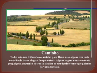 Caminho Todos estamos trilhando o caminho para Deus, mas alguns tem mais consciência dessa viagem do que outros. Alguns vagam numa corrente preguiçosa, enquanto outros se lançam ao seu destino como que guiados por uma bússola. 