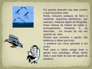 Foi quando descobri que elas comem
o que encontram pela
frente, inclusive pedaços de ferro e
madeiras. Joguinhos eletrônicos, por
exemplo; máquina digital de fotografia,
times inteiros de futebol de botão e,
principalmente, chuteiras. E, se
descuidar, um mouse de vez em
quando cai bem.
Parece que convenci o garoto. Me
telefonou e disse que troca
o avestruz por cinco gaivotas e um
urubu.
Pedi para a minha amiga levar o
garoto num psicólogo. Afinal, tenho
mais o que fazer do que ser gigolô de
avestruz.
 