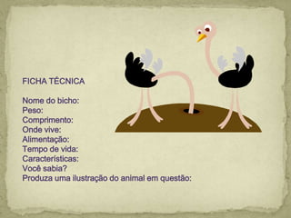 FICHA TÉCNICA
Nome do bicho:
Peso:
Comprimento:
Onde vive:
Alimentação:
Tempo de vida:
Características:
Você sabia?
Produza uma ilustração do animal em questão:
 