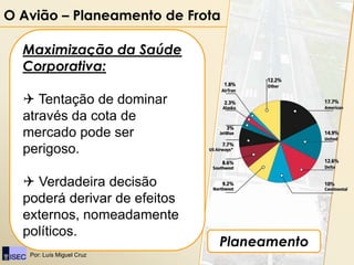 O Avião – Planeamento de Frota

  Maximização da Saúde
  Corporativa:

   Tentação de dominar
  através da cota de
  mercado pode ser
  perigoso.

   Verdadeira decisão
  poderá derivar de efeitos
  externos, nomeadamente
  políticos.
                              Planeamento
   Por: Luís Miguel Cruz
 