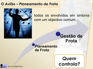 O Avião – Planeamento de Frota


                           todos os envolvidos em sintonia
                           com um objectivo comum.



                                         Gestão de
                                           Frota
                           Planeamento
                           de Frota

                                          Quem
   Por: Luís Miguel Cruz
                                         controla?
 