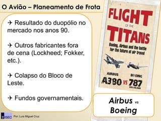 O Avião – Planeamento de Frota

  Resultado do duopólio no
 mercado nos anos 90.

  Outros fabricantes fora
 de cena (Lockheed; Fokker,
 etc.).

  Colapso do Bloco de
 Leste.

  Fundos governamentais.
                                 Airbus vs
                                 Boeing
   Por: Luís Miguel Cruz
 