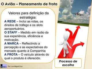 O Avião – Planeamento de Frota

   Valores para definição da
          estratégia:
 A REDE – Inclui as rotas, os
 direitos de tráfego e os slots
 aeroportuários.
 O STAFF – Medido em razão da
 sua experiência, eficiência e
 motivação.
 A MARCA – Reflectindo a
 percepção e as expectativas do
 mercado quanto à Companhia
 A FROTA – O veículo através do
 qual o produto é oferecido.
                                  Processo de
   Por: Luís Miguel Cruz
                                    escolha
 