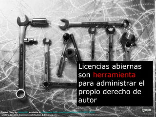 Licencias abiernas son  herramienta  para administrar el propio derecho de autor Tooled Flatty by  flattop341  available at  http://www.flickr.com/photos/flattop341/1085739925/ under a Creative Commons Attribution 2.5 licence CRICOS No. 00213J   