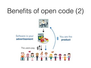 Beneﬁts of open code (2)
$
$
You are the
product
Software is your
advertisement
The users pay
 