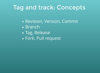 Tag and track: Concepts
Revision, Version, Commit
Branch
Tag, Release
Fork, Pull request
 