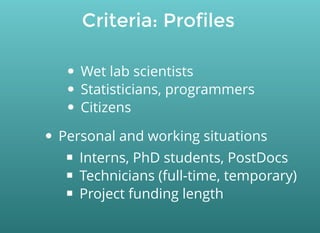 Criteria: Profiles
Wet lab scientists
Statisticians, programmers
Citizens
Personal and working situations
Interns, PhD students, PostDocs
Technicians (full-time, temporary)
Project funding length
 