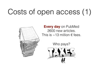 Costs of open access (1)
Every day on PubMed
2600 new articles.
This is ~13 million € fees.
Who pays?
 