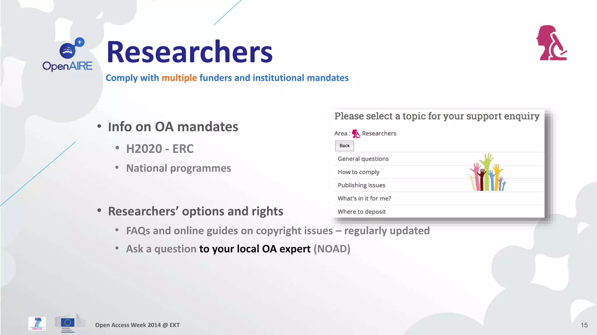 Researchers 
Comply with multiple funders and institutional mandates 
• Info on OA mandates 
• H2020 - ERC 
• National programmes 
• Researchers’ options and rights 
• FAQs and online guides on copyright issues – regularly updated 
• Ask a question to your local OA expert (NOAD) 
Open Access Week 2014 @ EKT 15 
 