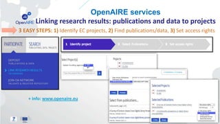 Heading to Horizon 2020 
OpenAIRE portal provides easy access to OA information for all NRPs 
25 
GUIDANCE: https://www.op...