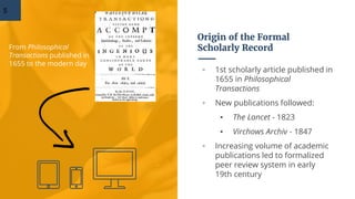 Origin of the Formal
Scholarly Record
▫ 1st scholarly article published in
1655 in Philosophical
Transactions
▫ New public...