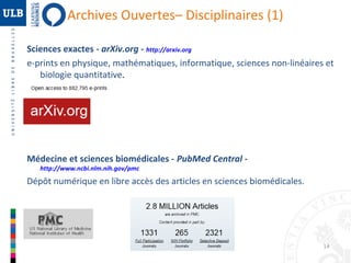 Archives Ouvertes– Disciplinaires (1)
Sciences exactes - arXiv.org - http://arxiv.org
e-prints en physique, mathématiques, informatique, sciences non-linéaires et
biologie quantitative.

Médecine et sciences biomédicales - PubMed Central http://www.ncbi.nlm.nih.gov/pmc

Dépôt numérique en libre accès des articles en sciences biomédicales.

14

 