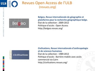 Revues Open Access de l’ULB
(revues.org)

Belgeo, Revue internationale de géographie et
plateforme pour la recherche géographique belge.
État de la collection : 2009-2012
Politique d’accès : Open Access
http://belgeo.revues.org/

Civilisations, Revue internationale d’anthropologie
et de sciences humaines
État de la collection : 1989-2012
Politique d'accès : Barrière mobile avec accès
commercial via Cairn
http://civilisations.revues.org/

 