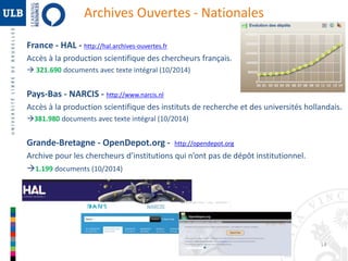 14 
Archives Ouvertes - Nationales 
France - HAL - http://hal.archives-ouvertes.fr 
Accès à la production scientifique des chercheurs français. 
 321.690 documents avec texte intégral (10/2014) 
Pays-Bas - NARCIS - http://www.narcis.nl 
Accès à la production scientifique des instituts de recherche et des universités hollandais. 
381.980 documents avec texte intégral (10/2014) 
Grande-Bretagne - OpenDepot.org - http://opendepot.org 
Archive pour les chercheurs d’institutions qui n’ont pas de dépôt institutionnel. 
1.199 documents (10/2014) 
 